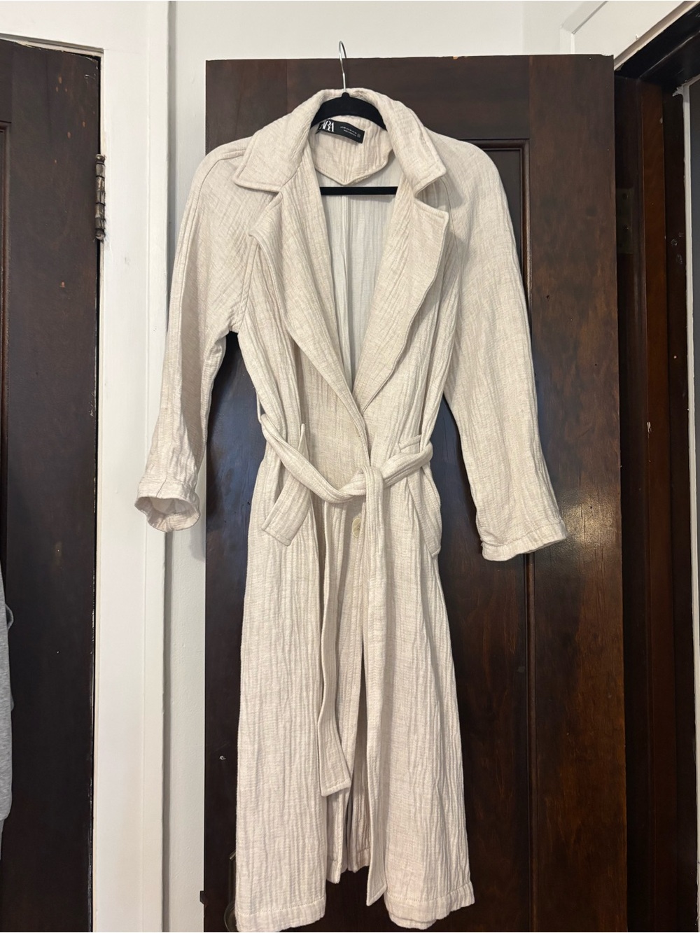 Zara Cream Ribbed Long Soft Jacket with Tie Belt